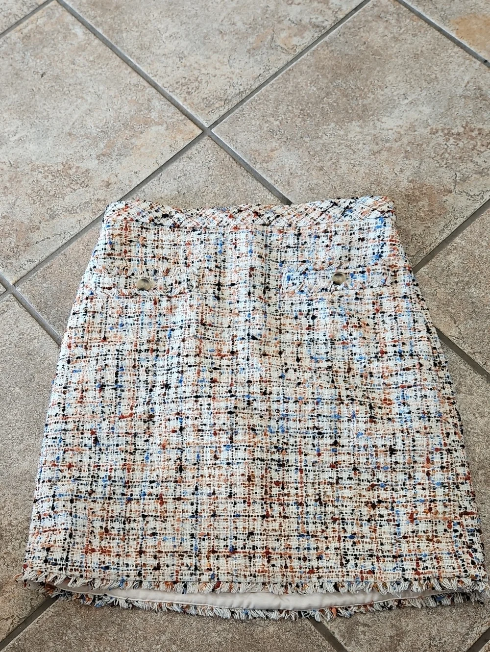 Ann Taylor Cream Tweed Mini Skirt with Blue & Brown Accents